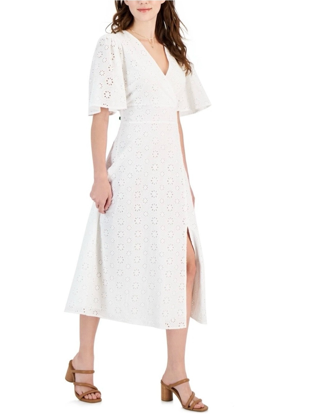 White Eyelet Midi Dress with Flutter Sleeves and Leg Slit with Pockets
